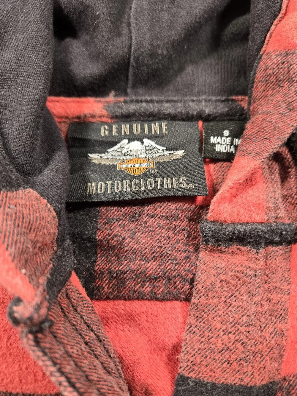 Harley-Davidson Genuine MotorClothes Red Black Buffalo Plaid Hooded Flannel Sz S